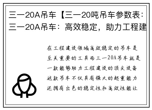 三一20A吊车【三一20吨吊车参数表：三一20A吊车：高效稳定，助力工程建设】